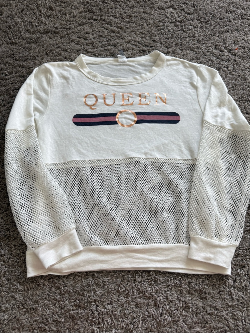 QUEEN Metallic Logo White Mesh-Panel Sweatshirt